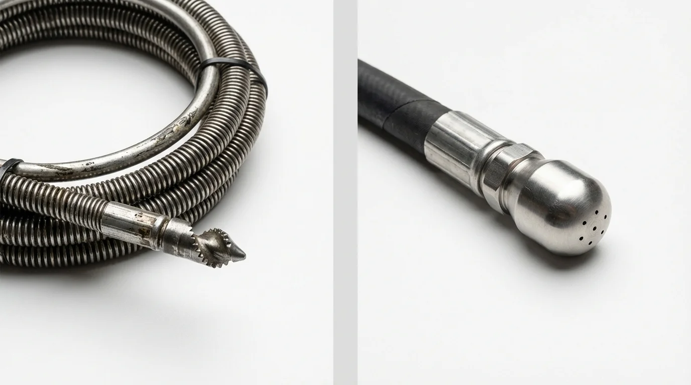 Drain snake cable and hydro jetting nozzle used for drain cleaning in Escalon, CA