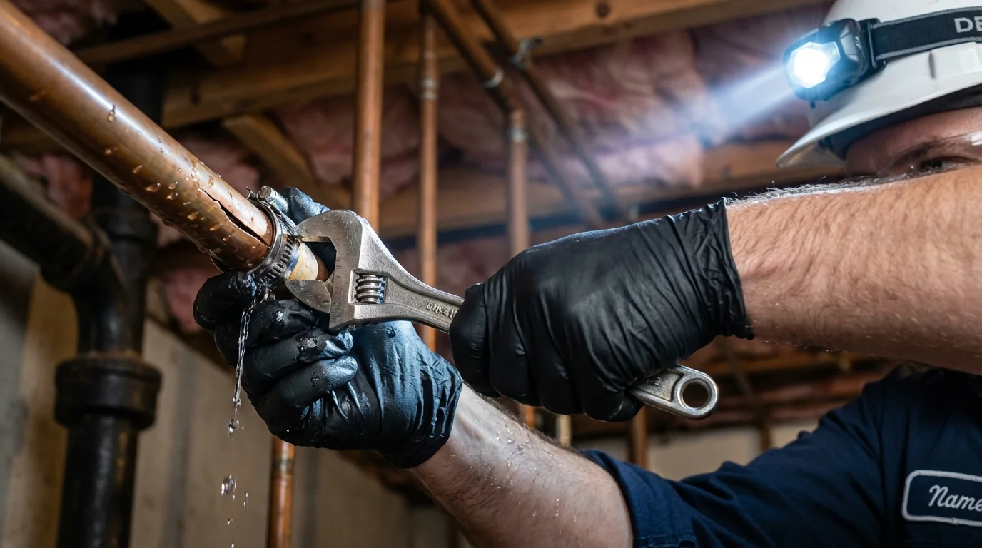 Emergency pipe clamp repair being performed by a Johns Plumbing LLC plumber in Escalon