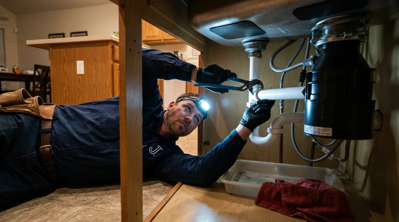 P-trap and supply line connections under a kitchen sink showing a common leak point in Escalon, CA